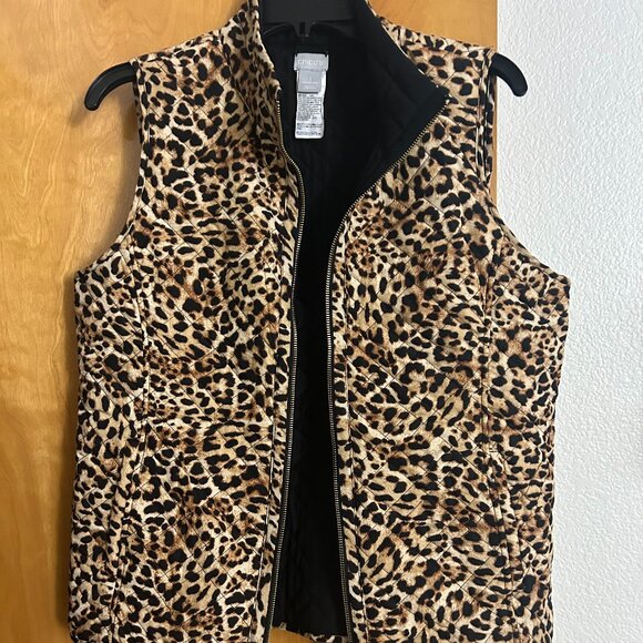 Chico's Vest Size 1 Leopard Cheetah Animal Print Pockets Quilted - Picture 1 of 3